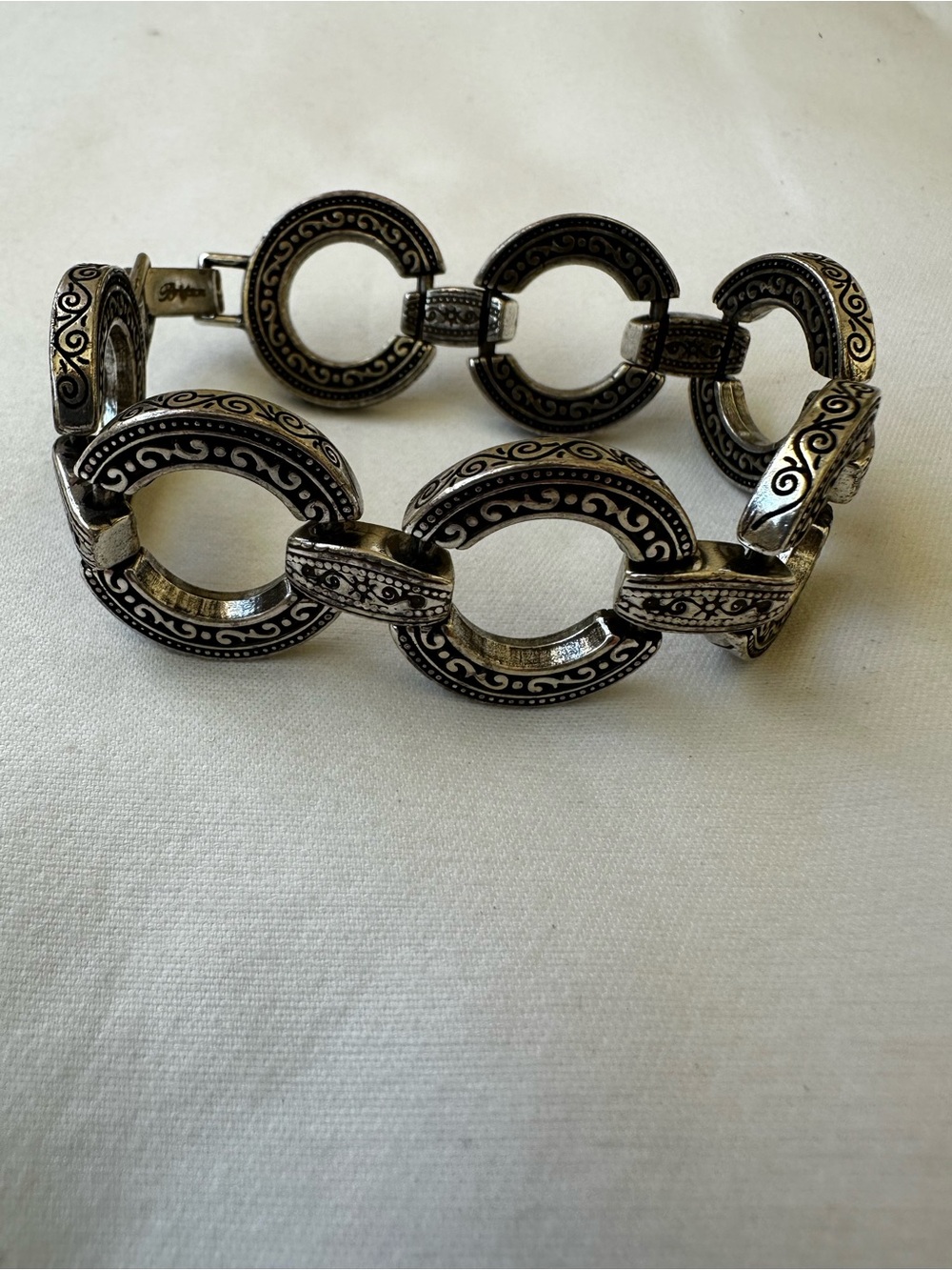 Brighton Silver Scroll Link Bracelet Oval Open Circle Chain 7.5” Signed Toggle